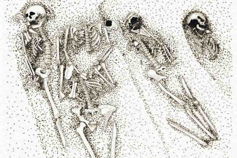 Stylised depiction of a typical group of skeletons at Ballyhanna, demonstrating the crowded nature of the burial ground and the extensive intercutting of the burials - this audiobook helps to tell their stories from the grave