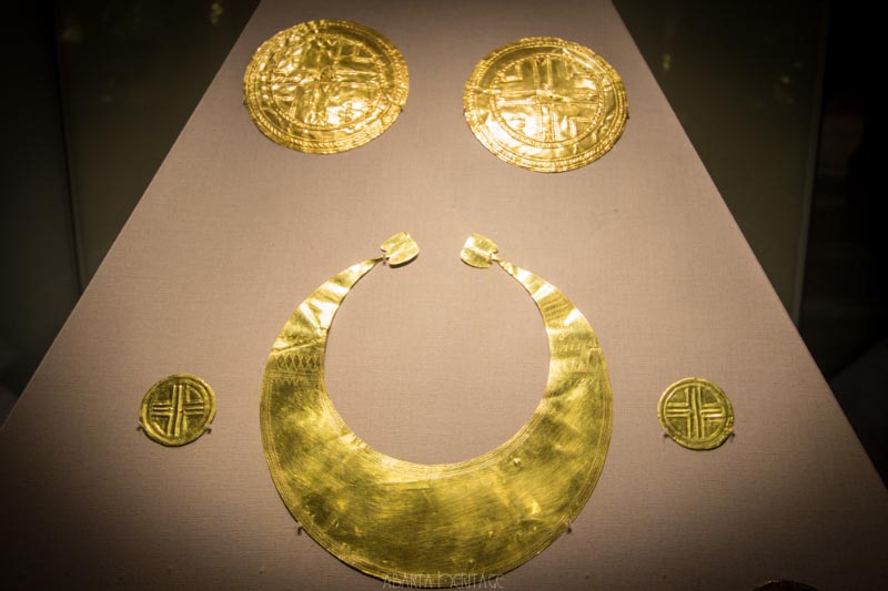 Gold lunula and gold discs 2200–1800BC in the National Museum of Ireland. The Beaker People may have been the first people to make gold and copper objects in Ireland