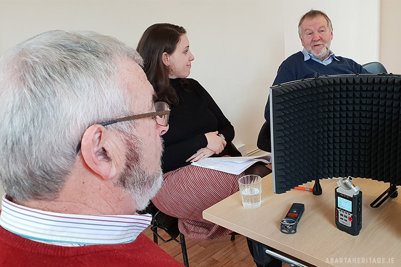 Seamus Barne and Sean Craven with Róisín Burke of Abarta Heritage during the recording of the local stories for the Kilcormac Heritage Trail