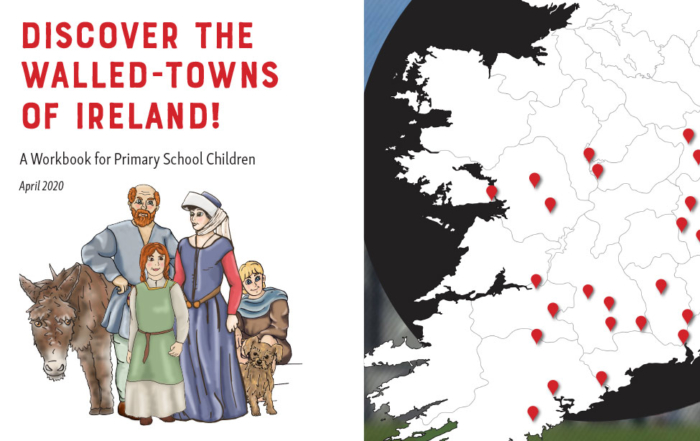 Cover of IWTN Children's booklet depicting a Medieval family & a map of Ireland with the IWTN towns marked in