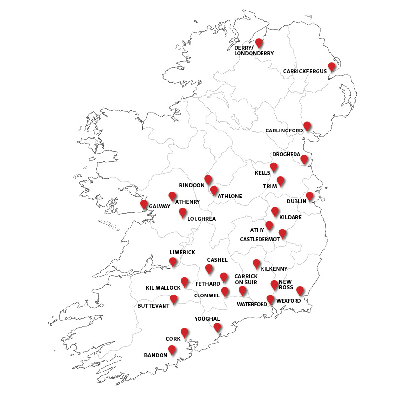 Map of Ireland showing IWTN towns