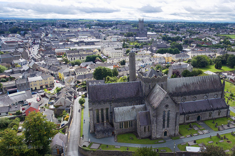 Aerial view of St. Canice's Cathedral and Kilkenny for our Medieval Kilkenny Tour