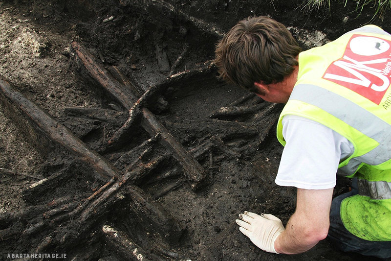 An archaeologist gently uncovering a preserved section of wattle fence at Kilbegly Mill