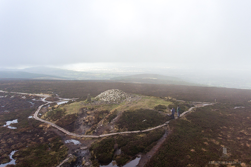 An aerial view of the large mound of the probable passage tomb known as Fairy Castle on Two Rock Mountain