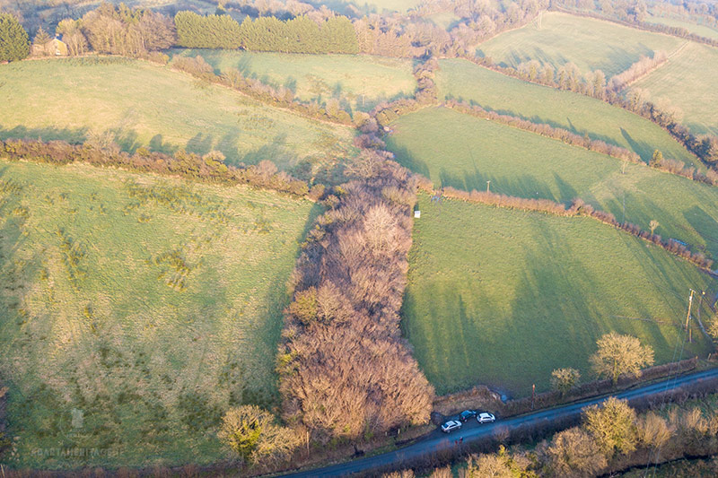 Aerial view of a thick band of trees marks the Black Pig's Dyke