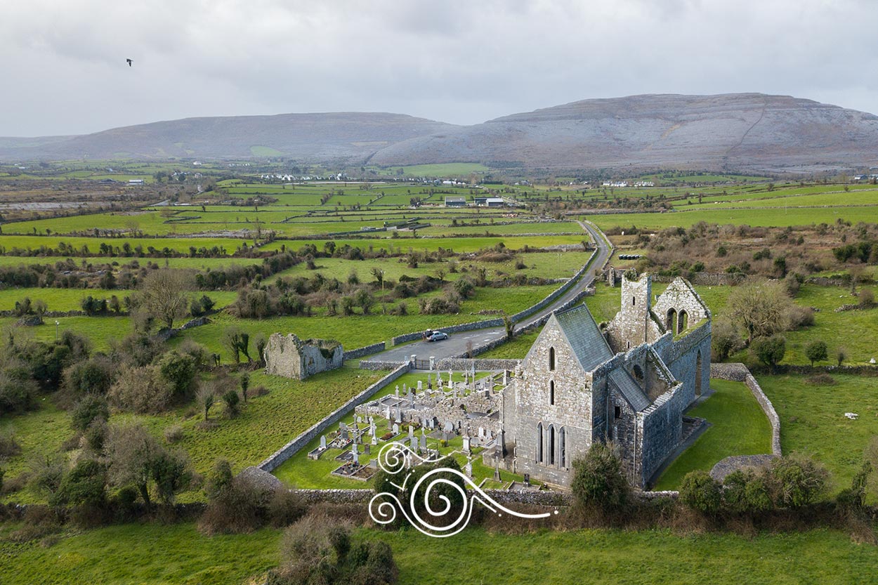 An aerial view of Corcomroe Abbey the Burren of County Clare