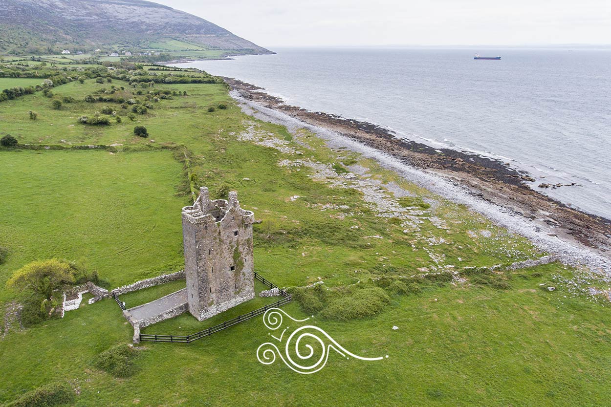 Aerial view of Gleninagh Castle in the Burren of County Clare